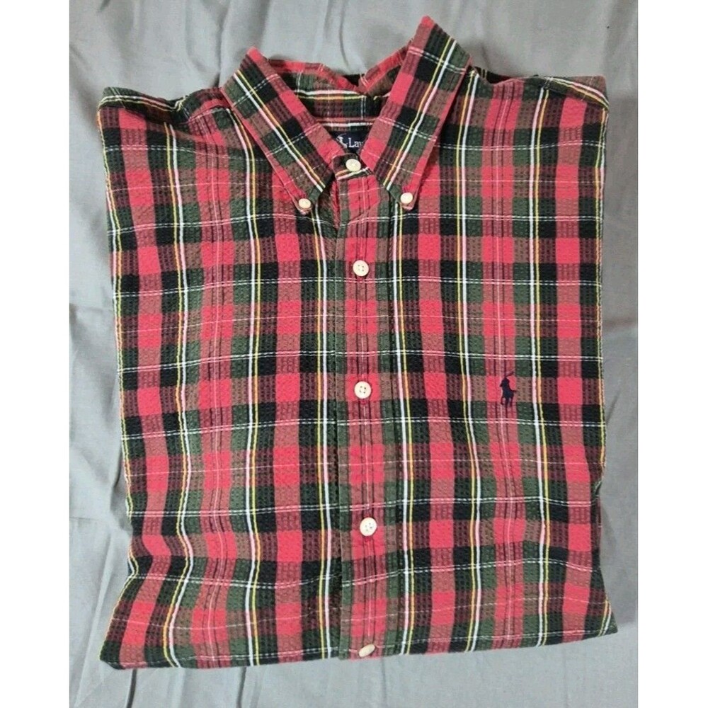 Vtg 90s Polo Ralph Lauren Seersucker Shirt Mens Size XL Short Sleeve Button Up